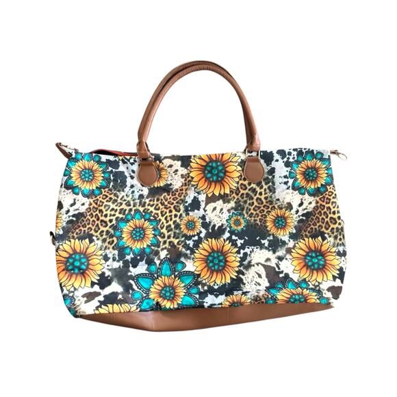 Sunflower Leopard Weekender Bag • Large Travel Tote • Cowhide Print Duffel - Picture 2 of 8